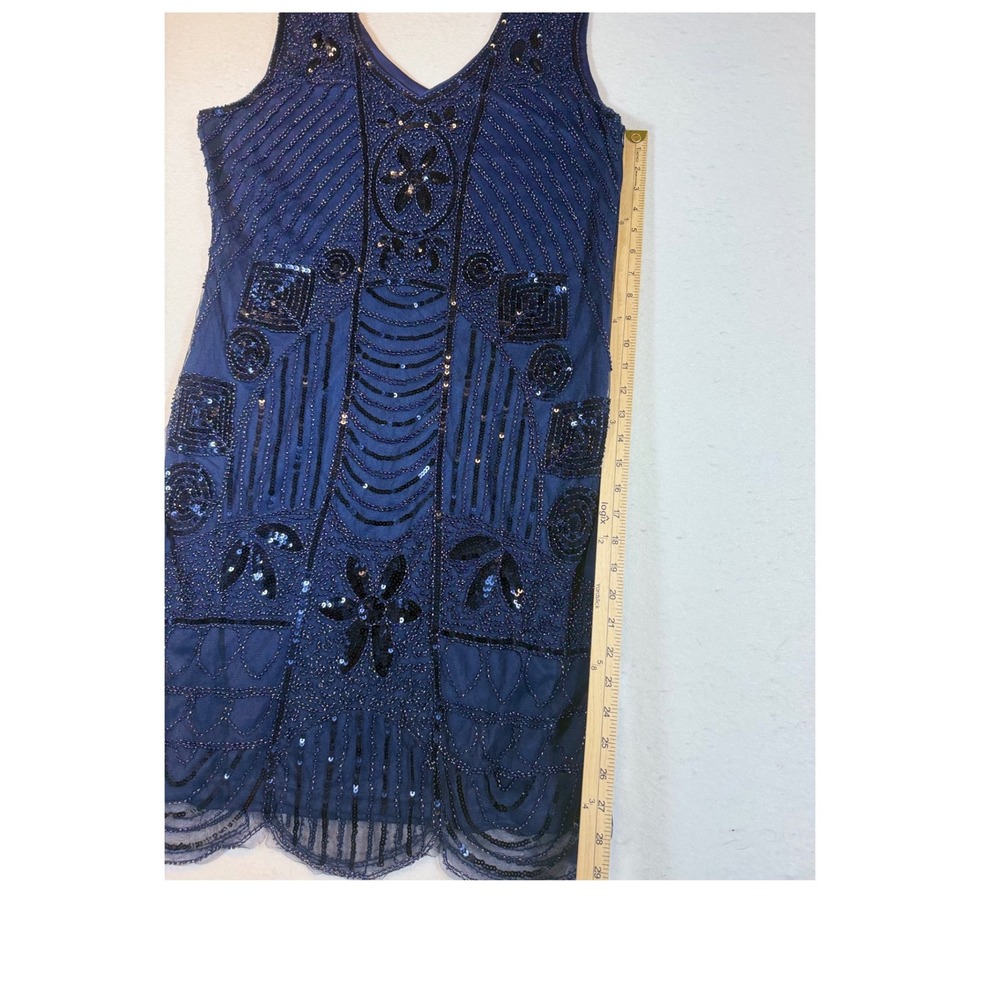 Kaymiga Women's Navy Blue Beaded Sequin Flapper Dress V-Neck Sleeveless - Picture 6 of 6